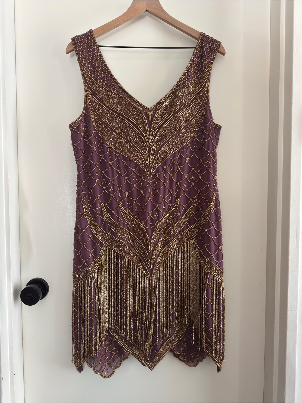 Unique Vintage Plum Dress with Gold Beading & fringe - XL - Picture 4 of 4